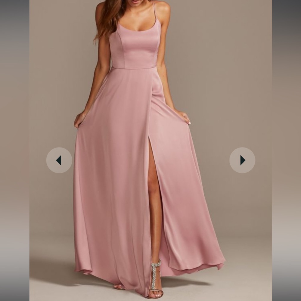 David's Bridal "Quartz" Pink Bridesmaid Dress with Side Slit & Spaghetti Straps - Picture 4 of 6